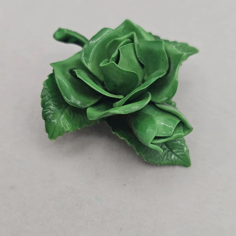 Vintage Green Rose Brooch Floral Leaf Kitschy Mid Century Retro 2 inch Pin
